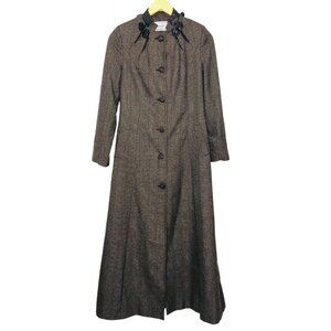 Vtg Turkey ARMINE Women Tweed Coat Brown Long Overcoat Flowers Collar Edwardian
